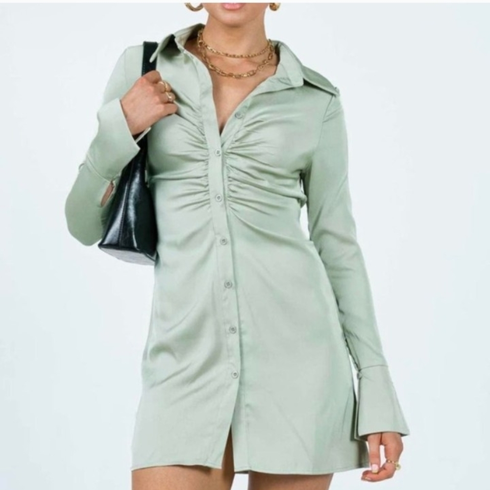 Princess Polly Sage Ruched Front Button-Down Shirt Dress Size 4